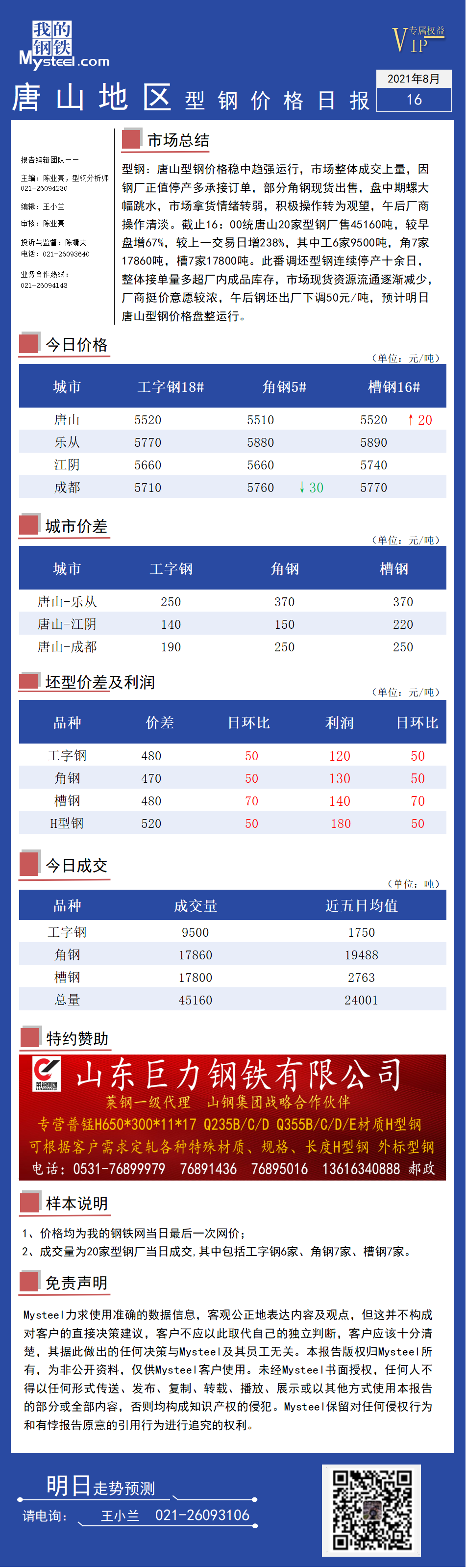 【唐山<a href='https://m.mysteel.com/market/p-968-----010107-0--------1.html' target='_blank' style='color:#3861ab'>型钢</a>日报】16日价格稳中趋强 成交氛围活跃