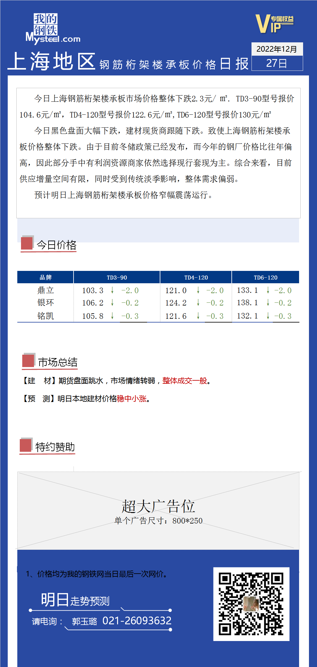 <a href='https://m.mysteel.com/' target='_blank' style='color:#3861ab'>Mysteel</a>日报：上海市场钢筋桁架楼承板价格大幅下跌