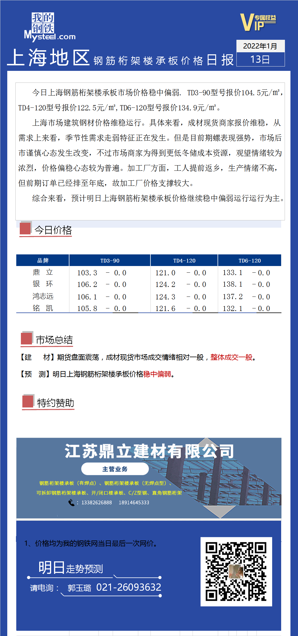 <a href='https://www.mysteel.com/' target='_blank' style='color:#3861ab'>Mysteel</a>日报：上海市场钢筋桁架楼承板价格暂稳